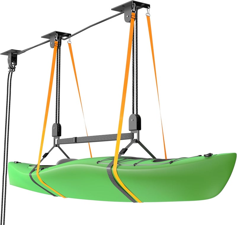 TRUSOON Upgrade Kayak Hoist for Garage Ceiling, Heavy-Duty Kayak Storage Lift Pulley System with Safety Straps, Holds Up to 150 lbs Capacity, Fit 10-18 Foot Ceilings, Black - Image 1